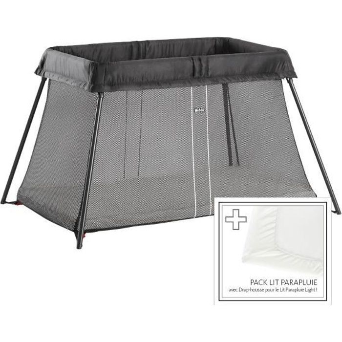 BABYBJÖRN Lit Parapluie Light, Noir, avec Drap-housse pour le Lit Parapluie Light