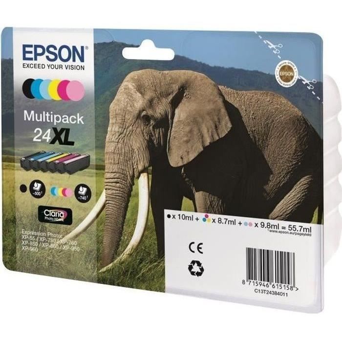 EPSON Multipack 24 XL – Eléphant – Noir jaune cyan magenta magenta clair cyan clair (C13T24384011)