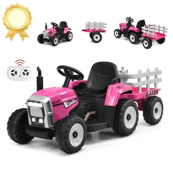 costway 12v tracteur électrique enfants à 6 pneus - pelle, remorque amovible, led, musique - télécommande 2,4g, 3-8km/h, rose