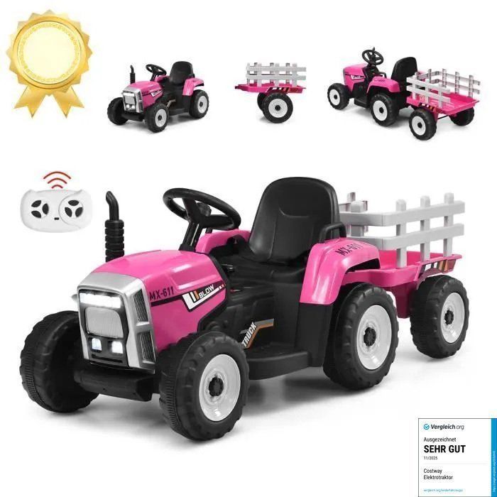 Tracteur avec remorque electrique pour enfants 12 v avec t&eacute;l&eacute;commande 2,4g - 3 vitesses