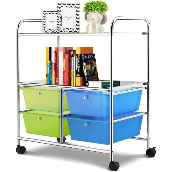 Tour de Rangement COSTWAY Chariot à Roulettes - 4 Tiroirs et 2 Etagères 63 5 x 37 x 75 CM Cadre en Métal Bleu et Vert Tour de Rangement COSTWAY Chariot à Roulettes - 4 Tiroirs et 2 Etagères 63 5 x 37 x 75 CM Cadre en Métal Bleu et Vert
