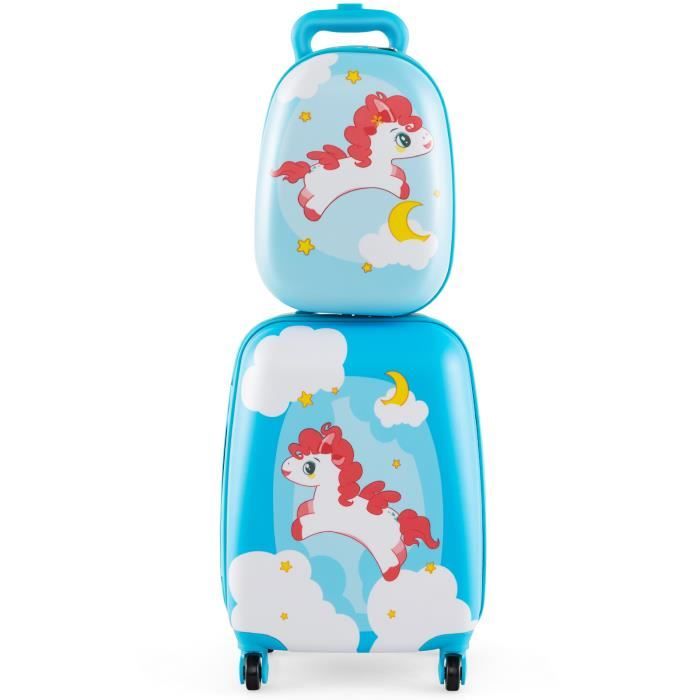 costway valise enfant à roulettes 16’’ + sac à dos 12’’, bagage enfants avec motif cheval arc-en-ciel, pour voyages en avion, bleu
