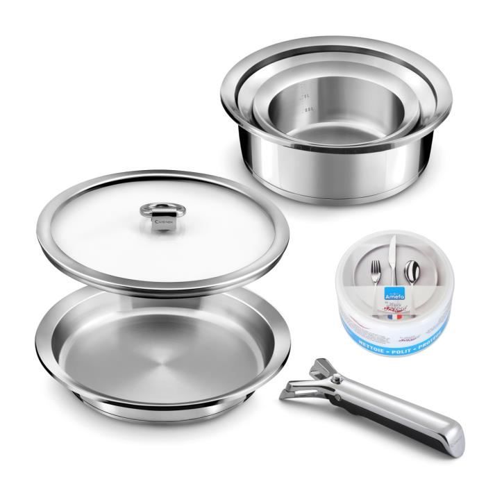 Ycône - Lot 7 pièces - 3 casseroles 1 poêle 1 couvercle 1 poignée et 1 pierre dargent