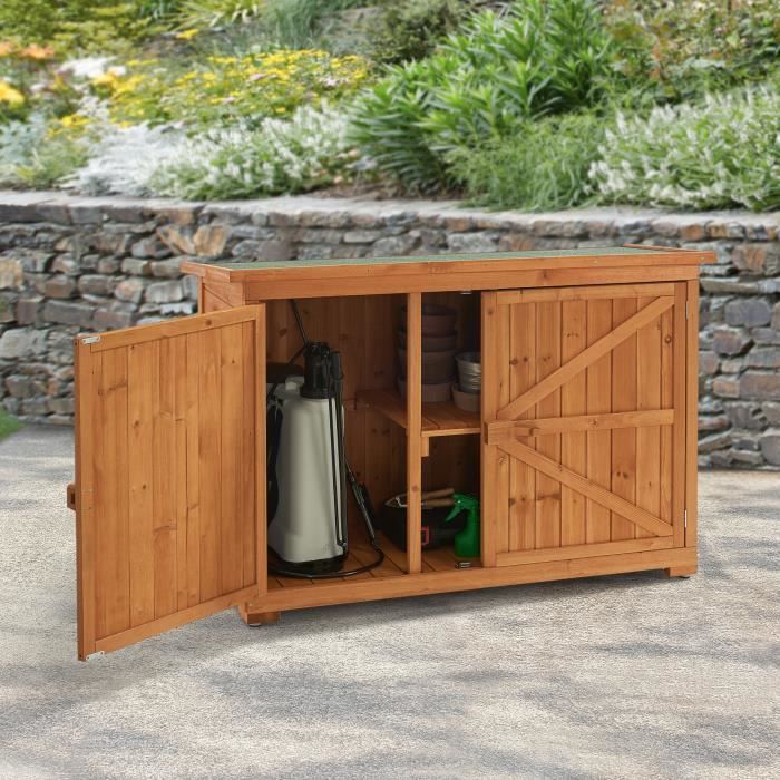Coffre de Rangement à 2 Portes en Sapin pour Extérieur Meuble de Jardin à Toit Bitumé Range Bûches 88 x 128 x 50 cm Naturel - vue 2