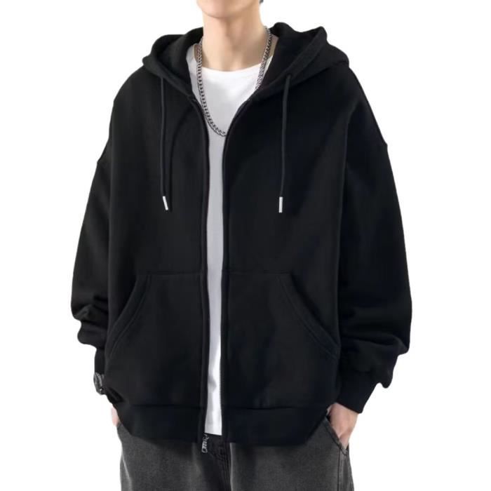Sweat Homme Sweat a Capuche Homme Basique avec Fermeture eclair integrale Sweat Shirt a Capuche Printemps Automne Noir Noir Cdiscount Pret a Porter