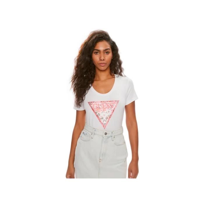 T shirt - Guess - Femme - RN triangle - Blanc - Coton