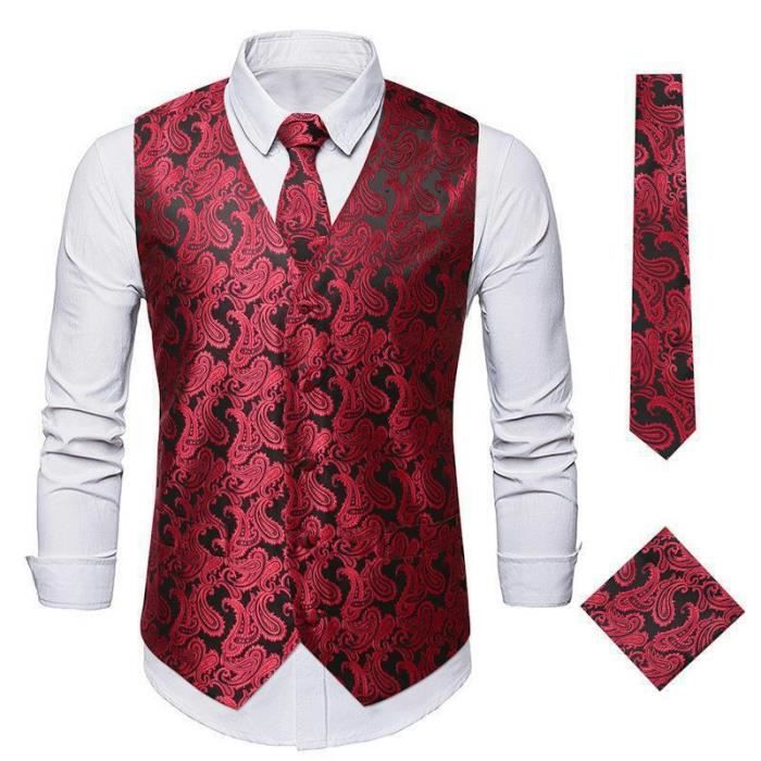 Gilet Costume Homme Classique Paisley Floral Avec Cravate Et Mouchoir De Poche - Regular Fit - Sans Manches - Rouge