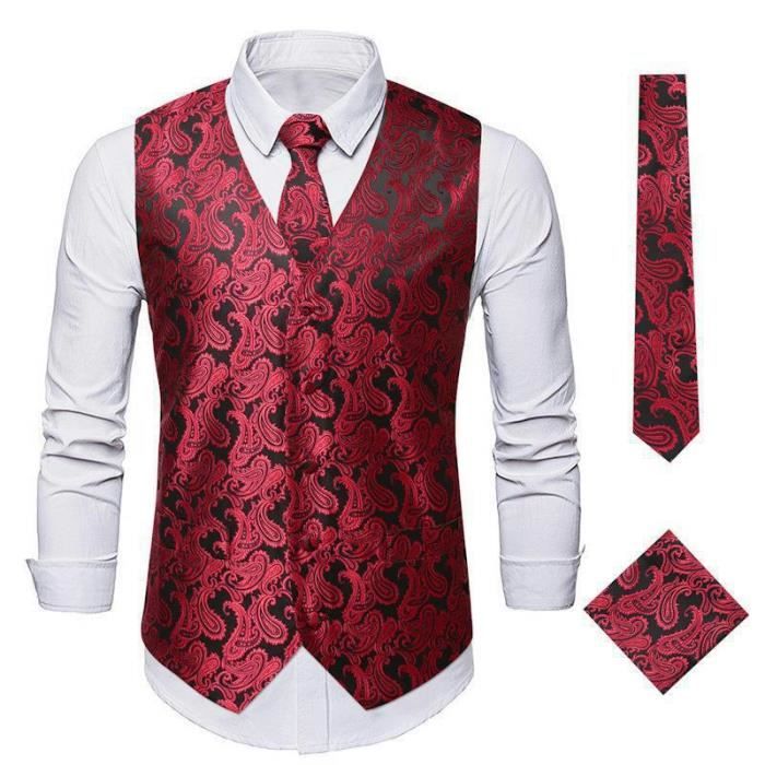 Gilet Costume Homme Classique Paisley Floral Avec Cravate Et Mouchoir De Poche Regular Fit Sans Manches Rouge Rouge Cdiscount Pret a Porter