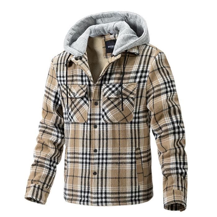 Veste Hommes à capuche de carreaux Fit Grande VêTements XH559 Kaki