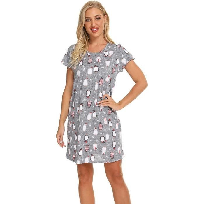 Chemise de Nuit Femme en Coton Pyjama Femmes Manches Courtes