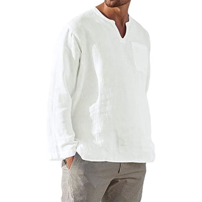 Homme Chemise en Lin a Manches Longues Decontracte Baggy Col en V Tunique Hauts Vintage Ample Chemise de Plage Blanche Blanche Cdiscount Pret a Porter