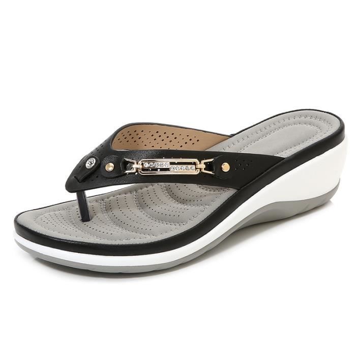 Tongs Femme Compens e de Plage Ete Antid rapant Noir avec Strass