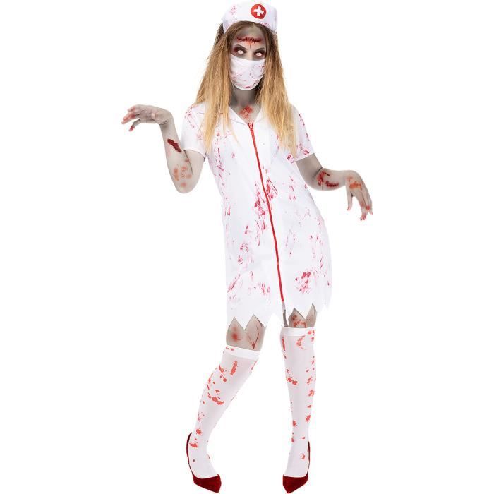 Costume Infirmière Zombie Halloween - Complet Avec Jupe, Bas, Gants Et Accessoires Sanguinolents - 2