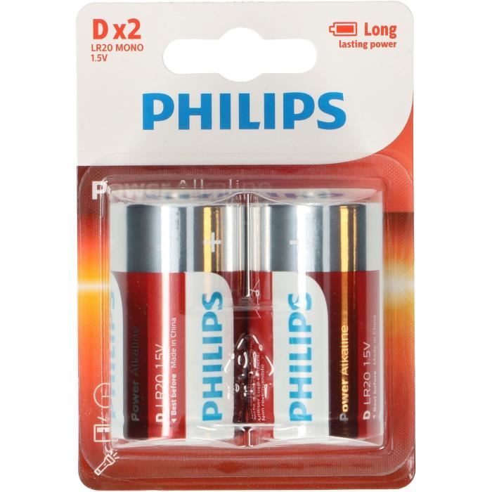 PHILIPS Piles LR20 / D Powerlife Alcaline - 1,5 V - Pack de 2
