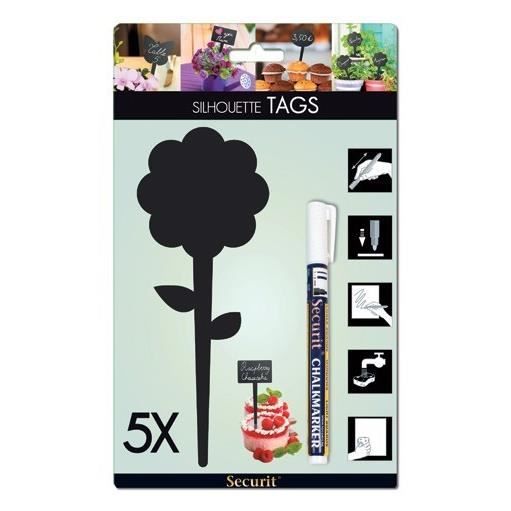 TAG Ardoise silhouette Fleur 5 unités + 1 craie liquide