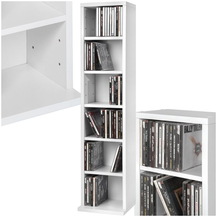Bibliothèque - TECTAKE - Étagère pour DVD/CD JULIANE avec 6 compartiments réglables aspect bois 90 x 21 x 20 cm - Blanc