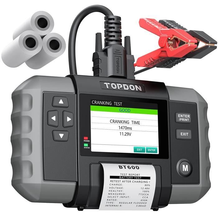 TOPDON BT600 Testeur de batterie de voiture avec imprimante 12 v 24V 100 à 2000 CCA écran couleur de 3,5 pouces câble de 5,9 pieds