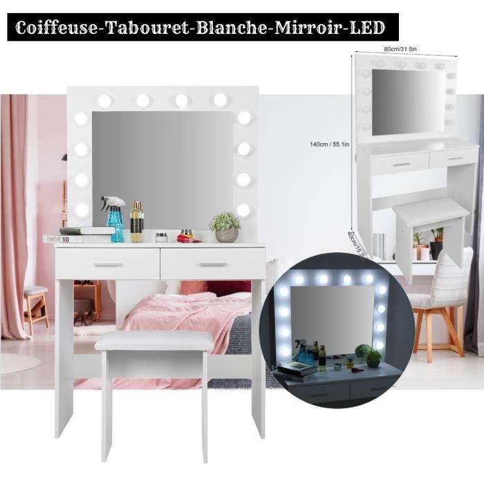 Coiffeuse avec miroir et tabouret 2 tiroirs Blanc - Table De Maquillage