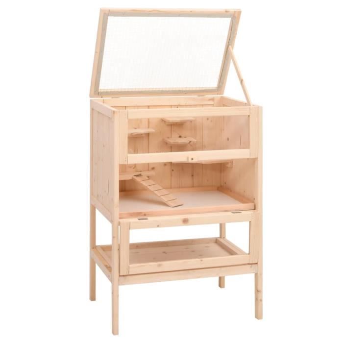 Cage à hamster - VIDAXL - Bois de sapin massif - 55x40x80 cm - 2 niveaux - Toit ouvrable