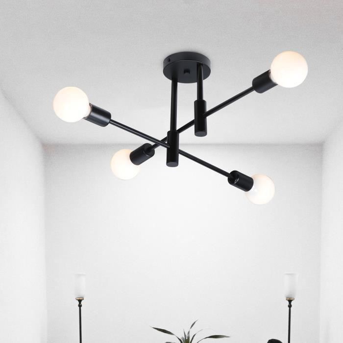 WOTTES Rétro Lampe Plafonnier Luminiare Vintage Industrielle 4 Spot Lustre Eclairage pour Salle à Manger Chambre Salon Noir