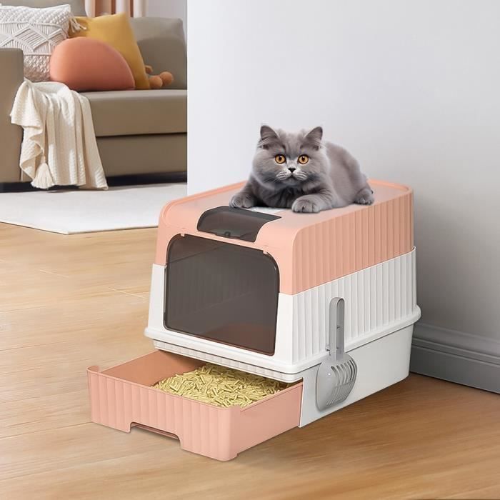 Comparer les prix de XUANYU Bac à Litière pour Chat, 49*37*35cm XXL Maison de Toilette Chat Pliable avec Couvercle,Bac de Tiroir et Pelle à Litière Rose