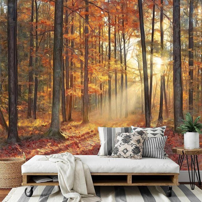 Papier Peint Panoramique 3D Soie Scène de forêt d'automne,lumière du ...