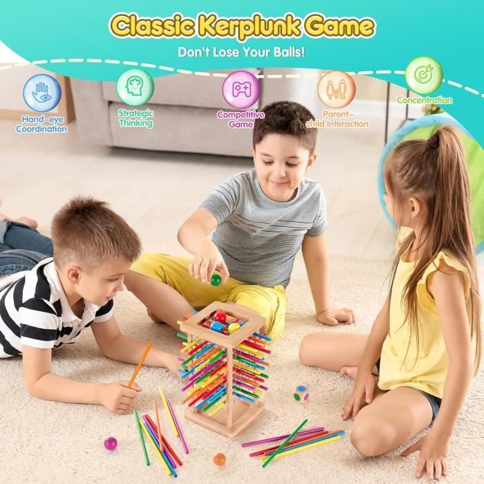 Jeu De Société En Bois 4 En 1 Pour Enfants 3-9 Ans - Tour De Blocs Avec Animaux Et Couleurs - Éducatif Et Familial