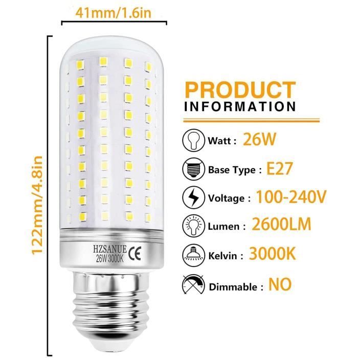 LED Ampoule à Maïs 26W, 200W Équivalent Ampoules à Incandescence, E27  Edison Vis Ampoule, 3000K Blanc Chaud, 2600LM, Pack of 3[227] - Cdiscount  Maison
