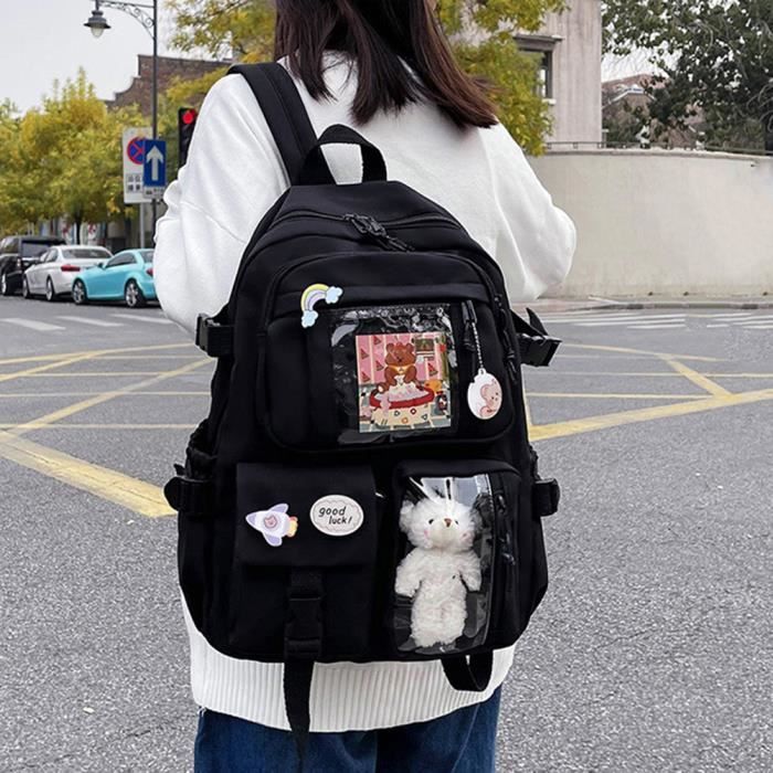 Sac a dos Kawaii sac a dos de grande capacite avec de jolis accessoires ours cartable japonais multi poches pour adolescentes noir Cdiscount Bagagerie Maroquinerie