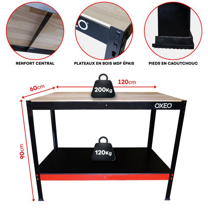 Etabli D'Atelier Robuste 120x60x90cm - Table De Travail Acier Avec Plateau Bois - Montage Sans Vis Pour Garage Et Bricolage