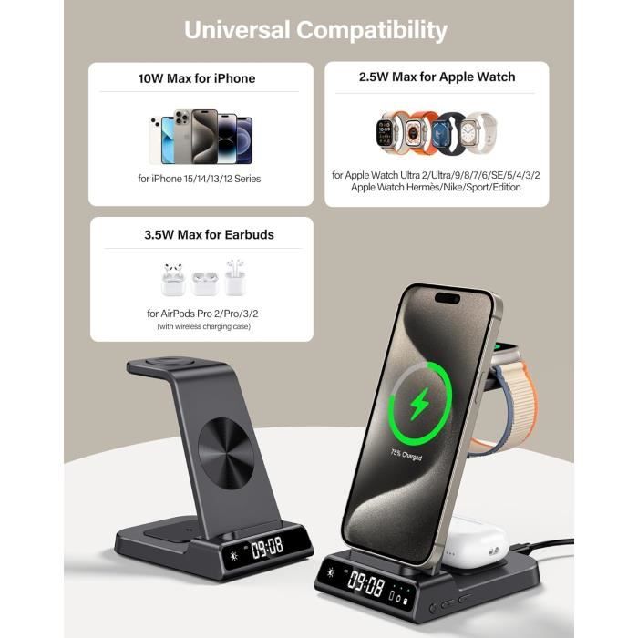 Chargeur Induction 3 en 1 Qi 18W Chargeur sans Fil pour iPhone 17/16/15/14/ 13/12/11/10/8/X Station de Charge Rapide pour Samsung S25/S24/S23/S22/S21/S20, iWatch 2-9/AirPods,avec 18W Adaptateur