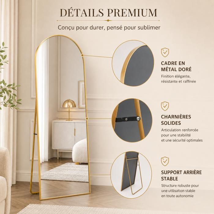 Miroir Pleine Longueur 180x80 Cm Sur Pied - Cadre Aluminium Noir, Verre Trempé - Pour Chambre, Salon, Dressing
