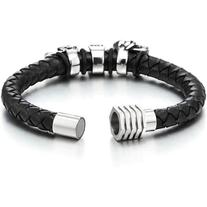 Tête De Loup - Bracelet En Cuir Entrelacé Hommes - Bracelet Homme Acier Inoxydable[W3060] D