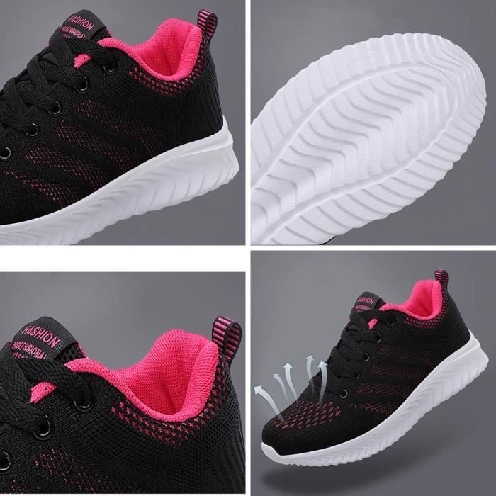 Baskets Femme AIEVIS Maille Aeration Sport Fitness Noir Rose Lacets