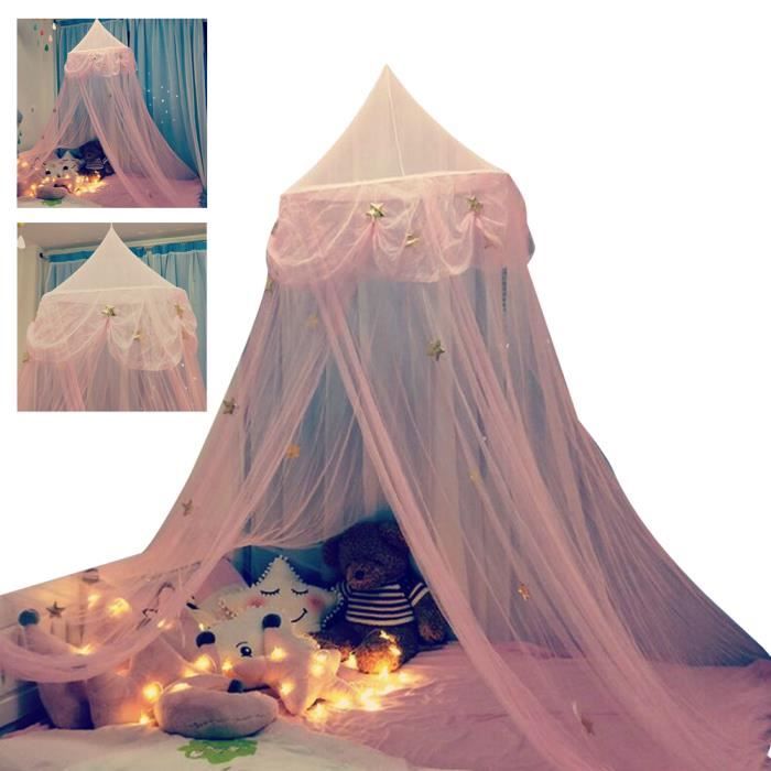 Baldaquin Lit Princesse Fille - Voile Dentelle Rose/blanc Pour Chambre Enfant