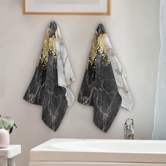 Lot De 2 Essuie-Mains Texturés Marbre Blanc Doré - Ultra Absorbants Et Doux Pour Salle De Bain