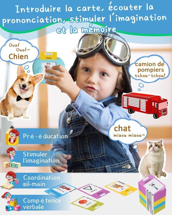 Coffret De 112 Cartes éducatives Bilingues – 224 Mots, Anglais-français, Montessori, Lecteur Audio, Pour Enfants 1-6 Ans, Recharge USB
