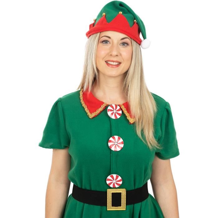 Costume Lutin Femme – Tablier Noël, Bonnet, Serre-tête, Chaussures, Bracelets Clochettes, Chaussettes – Cosplay Adulte