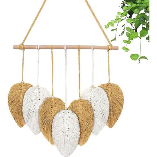 Tenture Murale Macramé Feuille – Style Bohème Avec Perles Bois – 20x51 Cm – Décoration Chambre