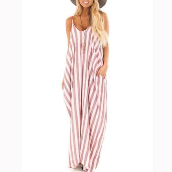 Robe longue femme rose boho à bretelles motifs été