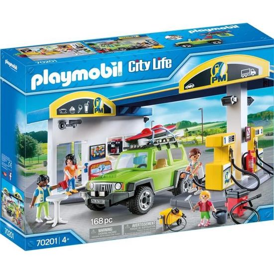 Station essence PLAYMOBIL City Life avec 4 personnages et une voiture 4x4