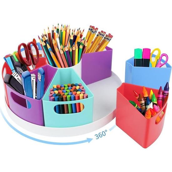 Porte-crayons de bureau - Métal - Rotatif 360° - 7 compartiments - Antidérapant - Noir - Beaux-Arts et Loisirs créatifs