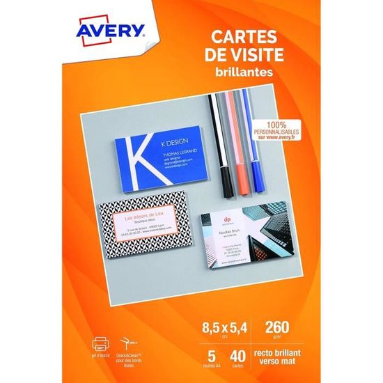 Impression Jet D'encre 85x54mm 250 Micro-perforées - 85x54 Mm - Papier Premium 185g/m² - Personnalisables En Ligne Cartes De Visite Avery Impression Jet D'encre 85x54mm 250 Micro-perforées - 85x54 Mm - Papier Premium 185g/m² - Personnalisables En Ligne Cartes De Visite Avery