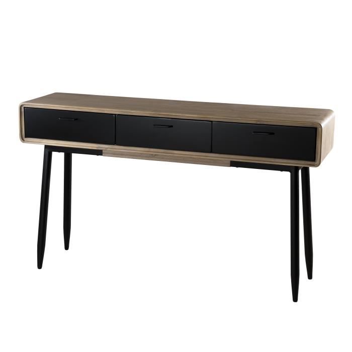 Console scandinave en bois acacia massif décor chêne clair cérusé et noir + pieds en métal noir - L 140 cm
