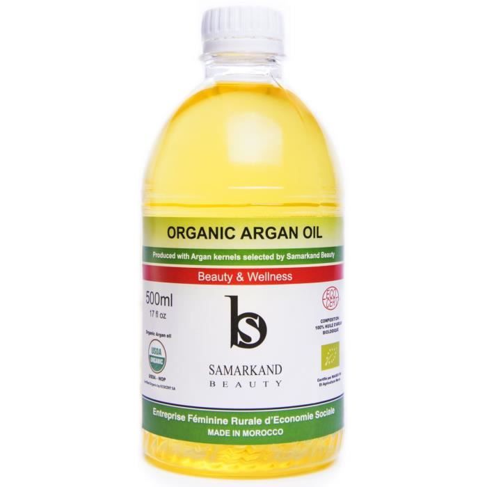Huile d'argan BIO 100% pure certifiee Ecocert de premiere pression a froid pour corps et cheveux - L'original du Maroc