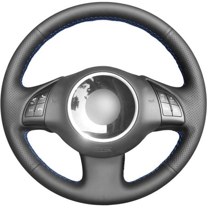Housse de volant de voiture en Faux cuir PU noire, cousue à la main, pour Fiat 500 2007 2015 500e 2014 Red Thread