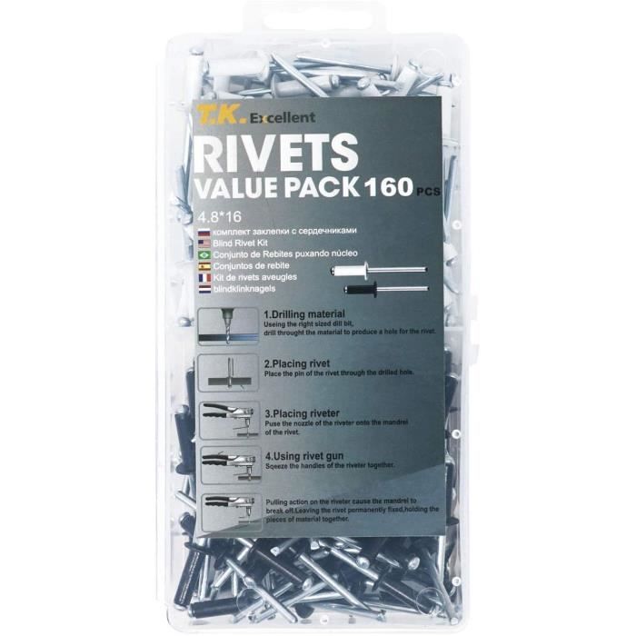 T.K.Excellent Lot de 160 rivets pop en acier aluminium avec petite tête Noir et blanc M4,8 16 mm21