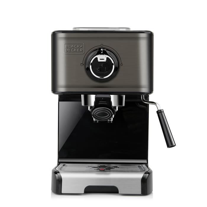 BLACK+DECKER BXCO1200E - Machine expresso 15 bar, inoxydable, émulsionneur de lait, café moulu et dosette, chauffe-tasses