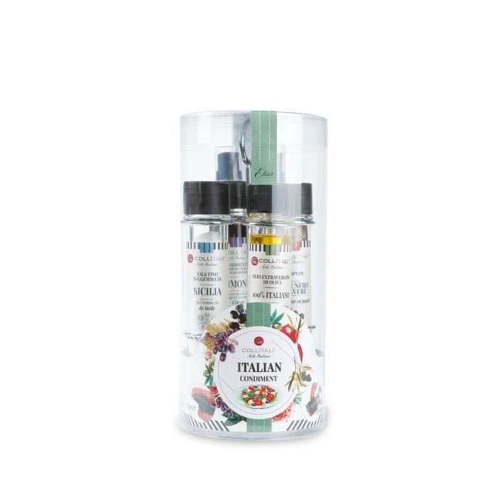 COLLITALI QUATTRO 4 tubes : 1 spray huile olive 30 ml, 1 spray vinaigre balsamique citron 30 ml, 1 salière 50 g et poivrière 17 g