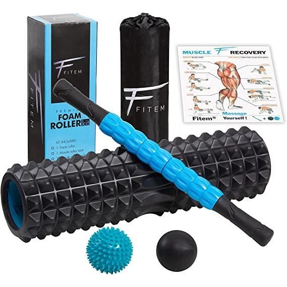 Rouleau de Massage, Fitem, Foam Roller kit de massage en mousse EVA, Bâton de massage, 2 balles de massage dont une à picots